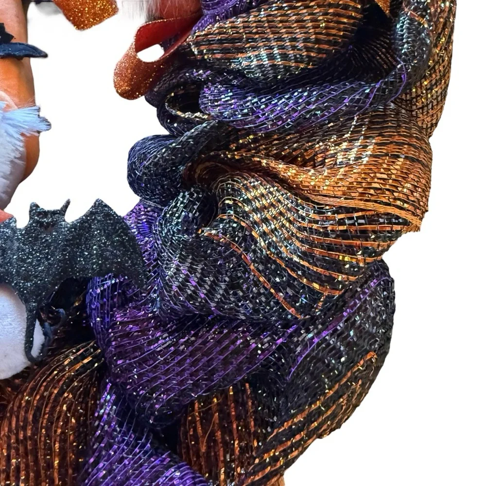 Halloween Mesh Wreath with Gnomes – Purple, Orange & Black Ribbon – 22″